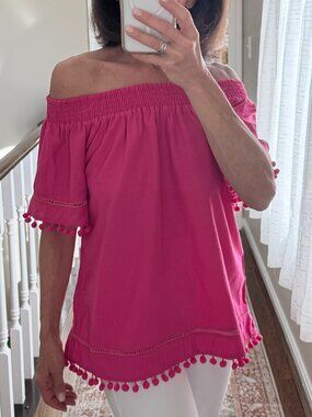 Boho Pink Off Shoulder Pom Pom Trim Tunic Top